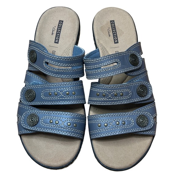 Clarks Leisa Collection Cushion‎ Soft Sandals Blue Leather Straps Size 6M - Picture 1 of 8